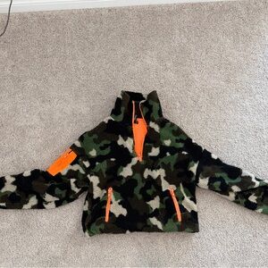 Aqua Green & Black Camo Sherpa Jacket with Bright Orange Trim
